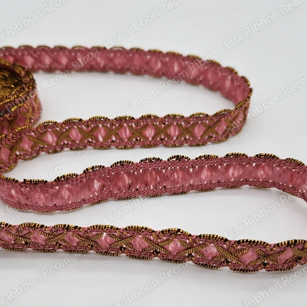 Vintage 1940s French Pink Gold Metallic Silk Jacquard Ribbon Couture TWO YARDS